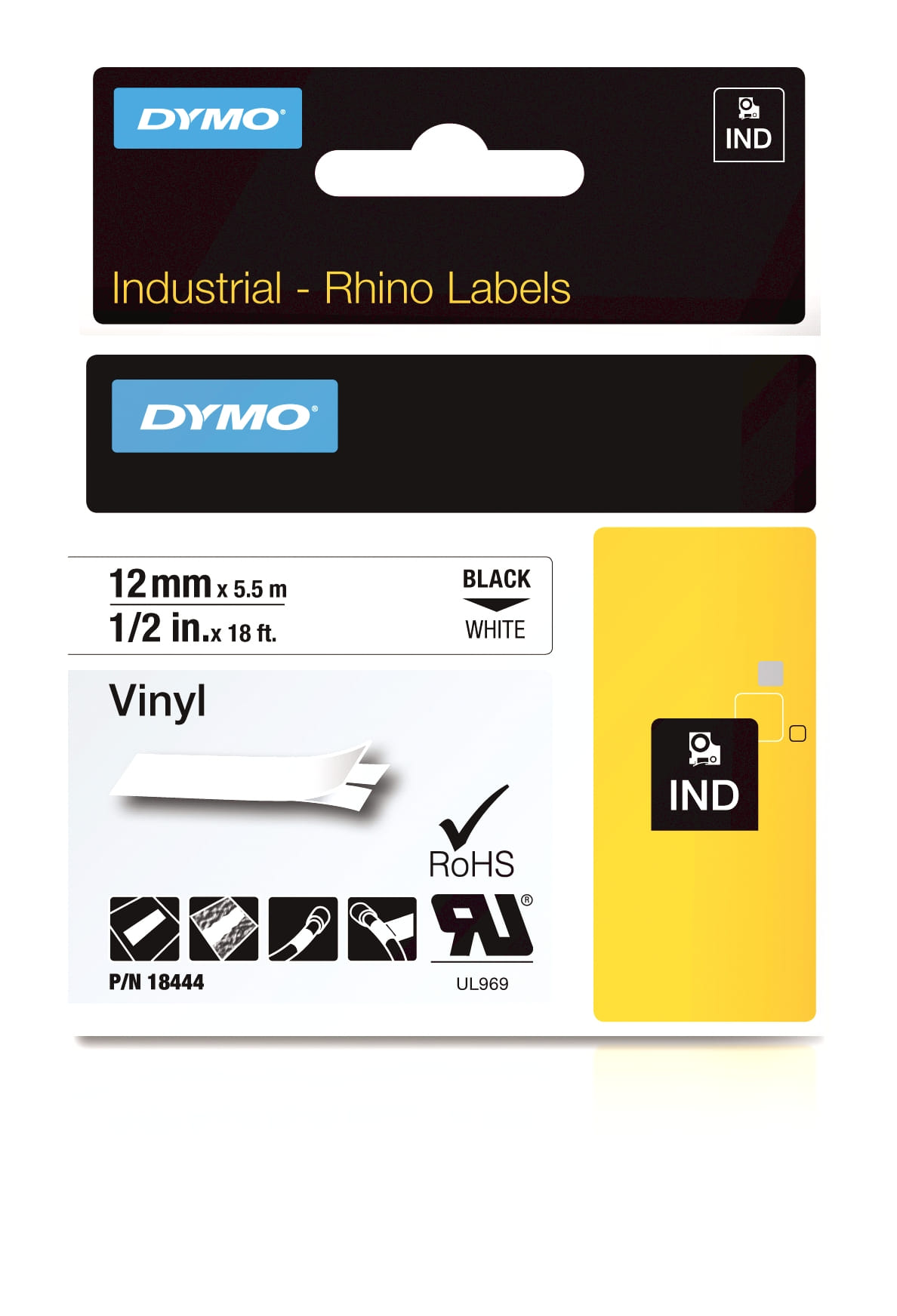 Dymo Industrial Vinyl Labels 12mm Black on White