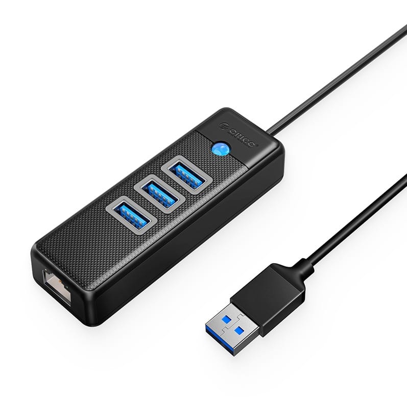 Orico 3 port USB-A 3.0 Hub with RJ45 15cm cable BK