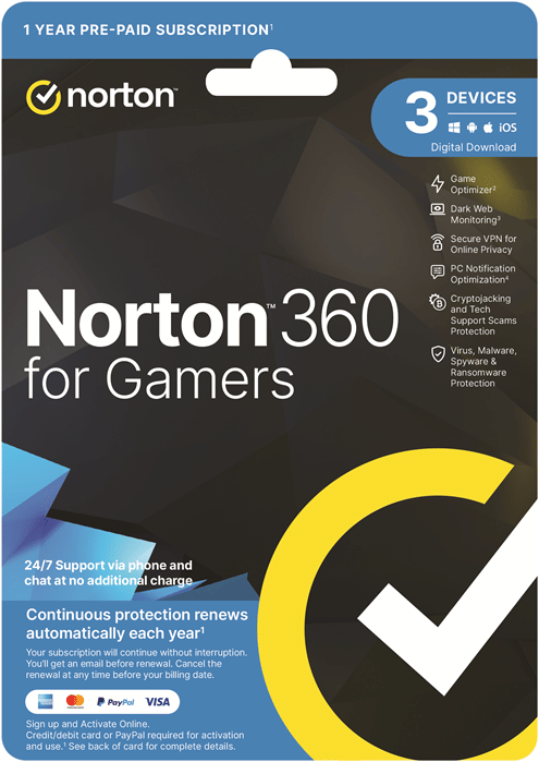 Norton 360 Gamer 1 User 3 Device 1 Yr ESD Version