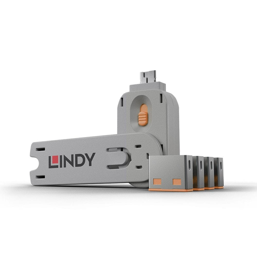 Lindy USB-A Port Blocker 4 Pack + Key - Orange