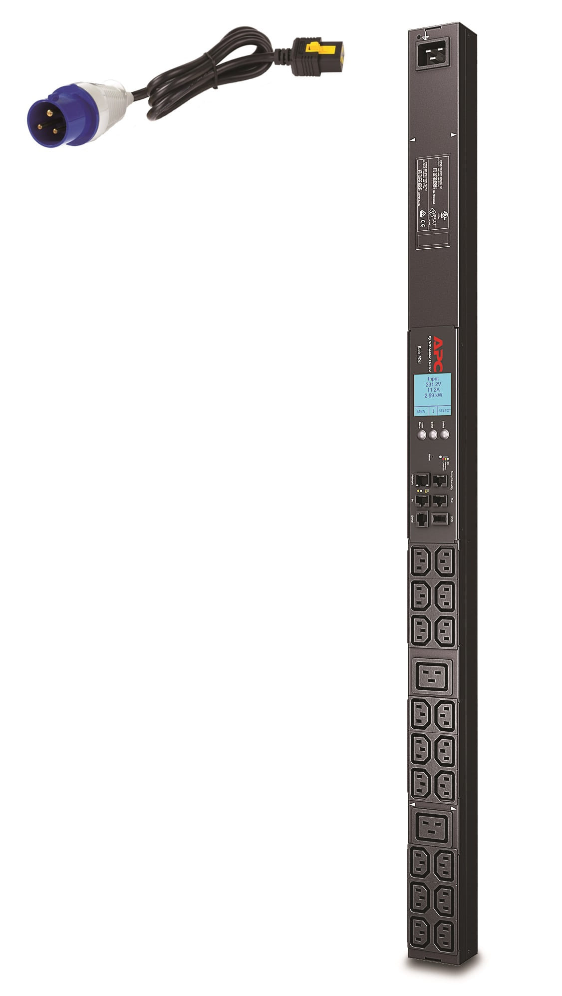 Schneider Rack PDU 2G, Metered, ZeroU, 16A, 230V, (18) C13 And (2) C19, IEC309 Cord