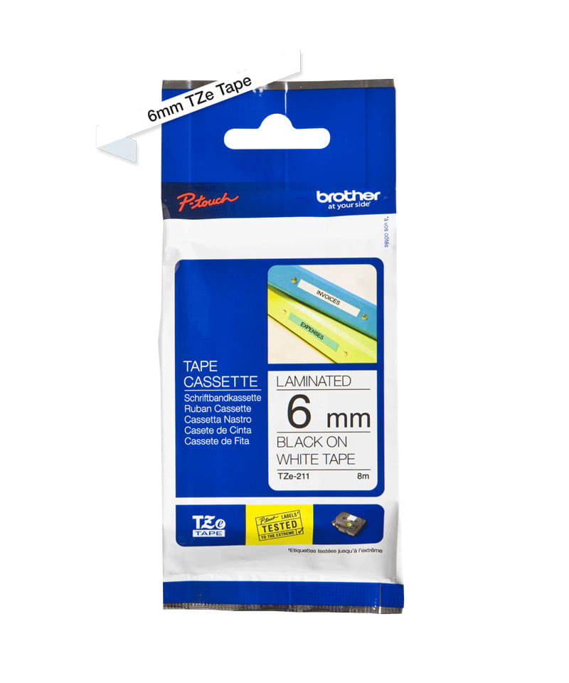 Brother Laminated PTouch Tape 6mm x 8m Black on White