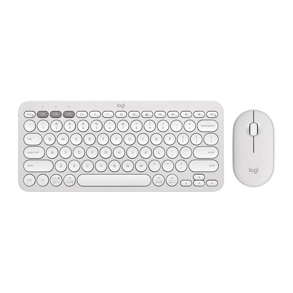 Slim, multi-device Bluetooth® keyboard and mouse with customizable keys and button.

