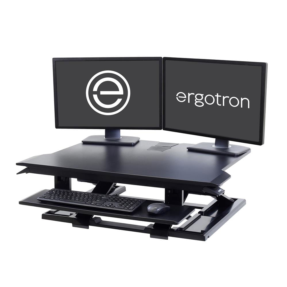 Ergotron WorkFit TX Black Corner Sit-Stand Desk With Black LCD Laptop Mount With Small Floor Mat