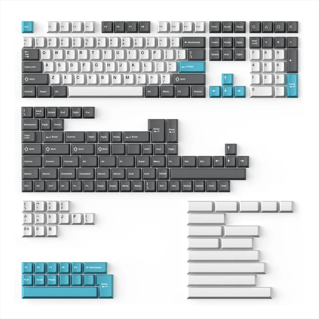 Cherry Profile Double Shot PBT Full Set Keycaps - Grey, White, and Blue - 218 Keys