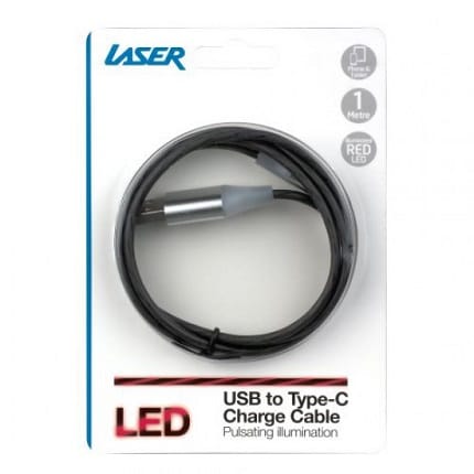 Laser 1 Meter USB-C to USB LED Charge Cable - Black