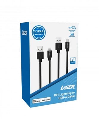 Laser 2m Lightning to USB-A Cable 2 Pack Black