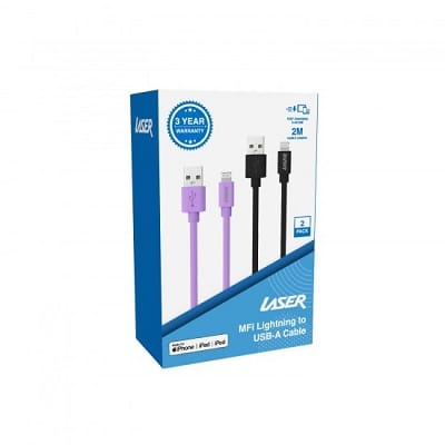 Laser MFI 2 Meter Lightning Cable 2 Pack Black/Purple