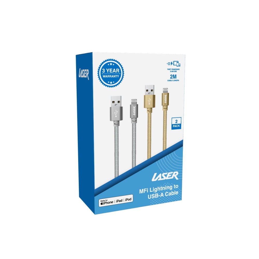 Laser MFI 2m Lightning to USB-A Cable 2pk - Glitter Gold/ Silver
