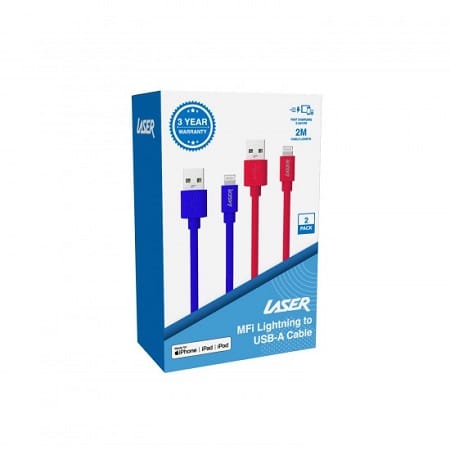 Laser 2 Meter Lightning to USB-A Cable 2 Pack Red/Blue