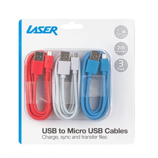 Laser 3x 2m USB to MicroUSB-Cable 3 Pack Red/Blue/White
