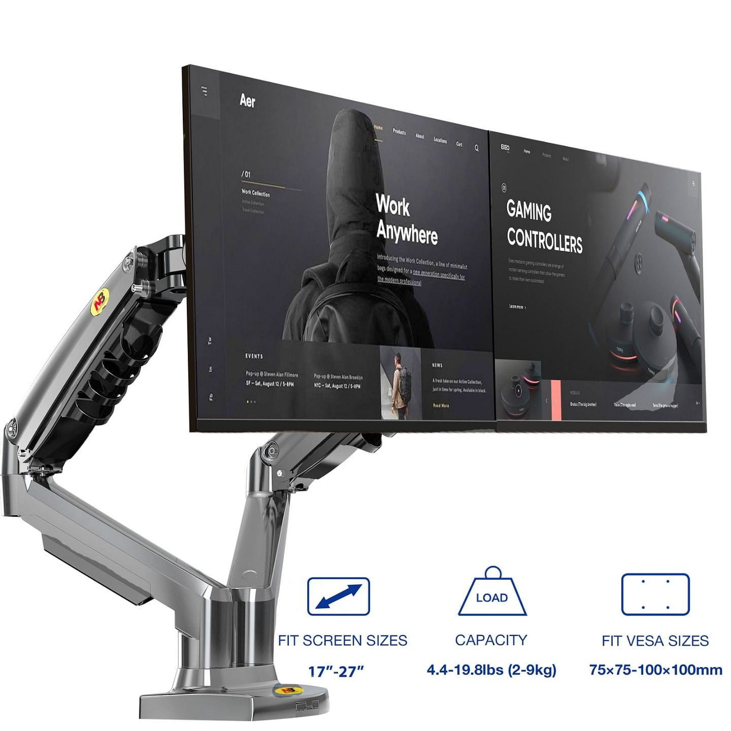 North Bayou Dual Screen Desktop Mount F160-G 2kg to 9kg per arm 17