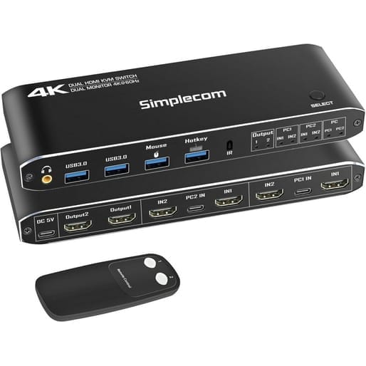 (Open Box) Simplecom Dual HDMI Monitor KVM Switch for 2 Com