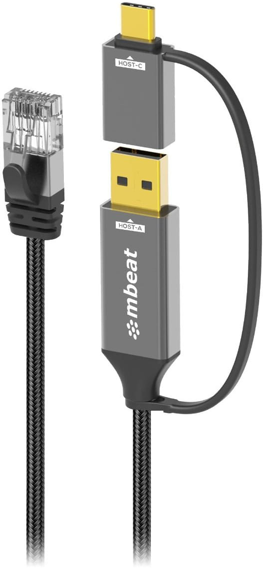 mbeat ToughLink 3m 2-in-1 USB-A & USB-C to RJ45 Gigabit Ethernet Cable Space Grey