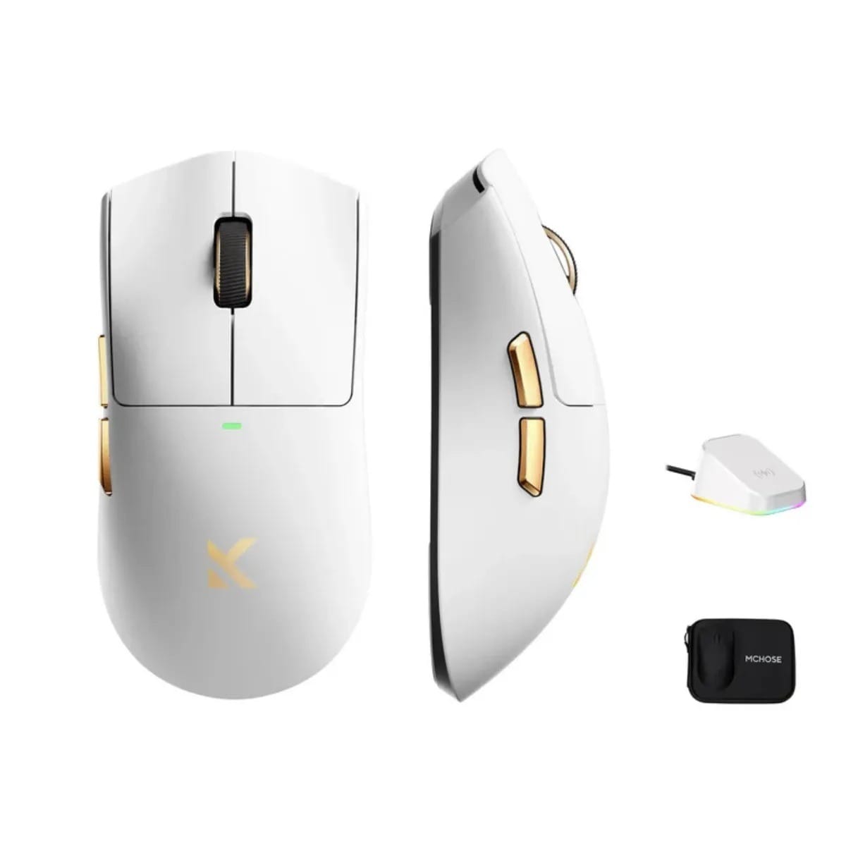 MCHOSE K7 Ultra 8K Lightweight Wireless Gaming Mouse with Charging Dock and Carry Case - White Gold