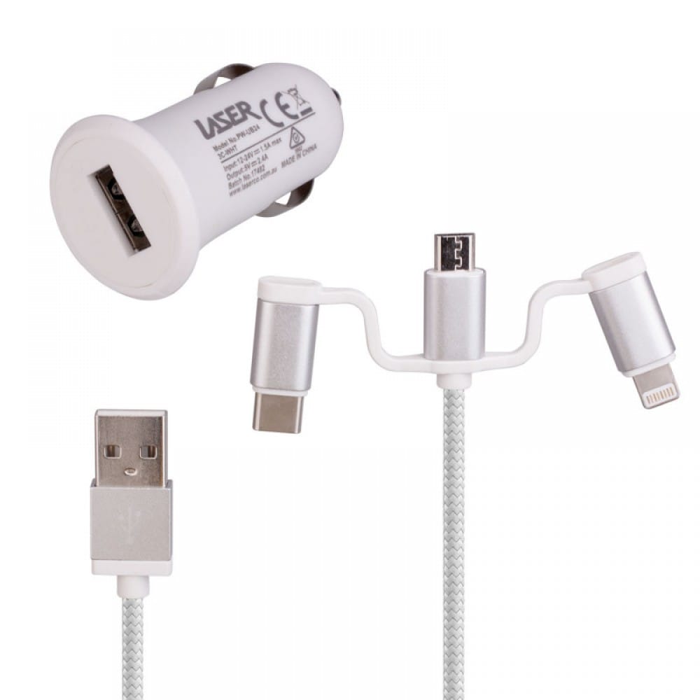 Laser 2.4A Car Charger with 3-in-1 Charging Cable - White
