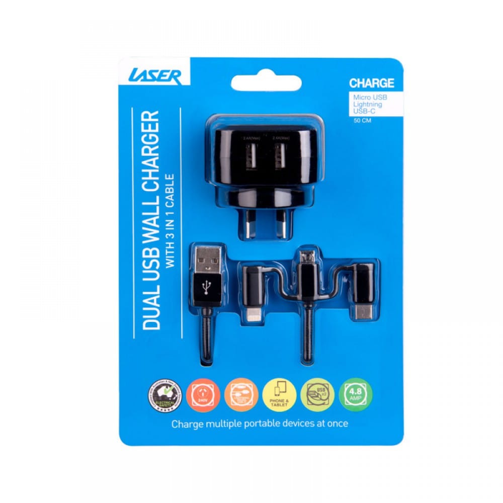Laser Dual USB AC Charger with 3-in-1 Charging Cable - Black
