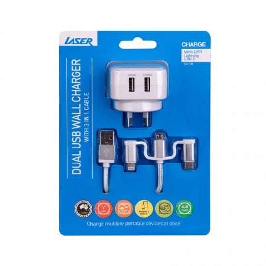 Laser Dual USB AC Charger with 3in1 Cable White