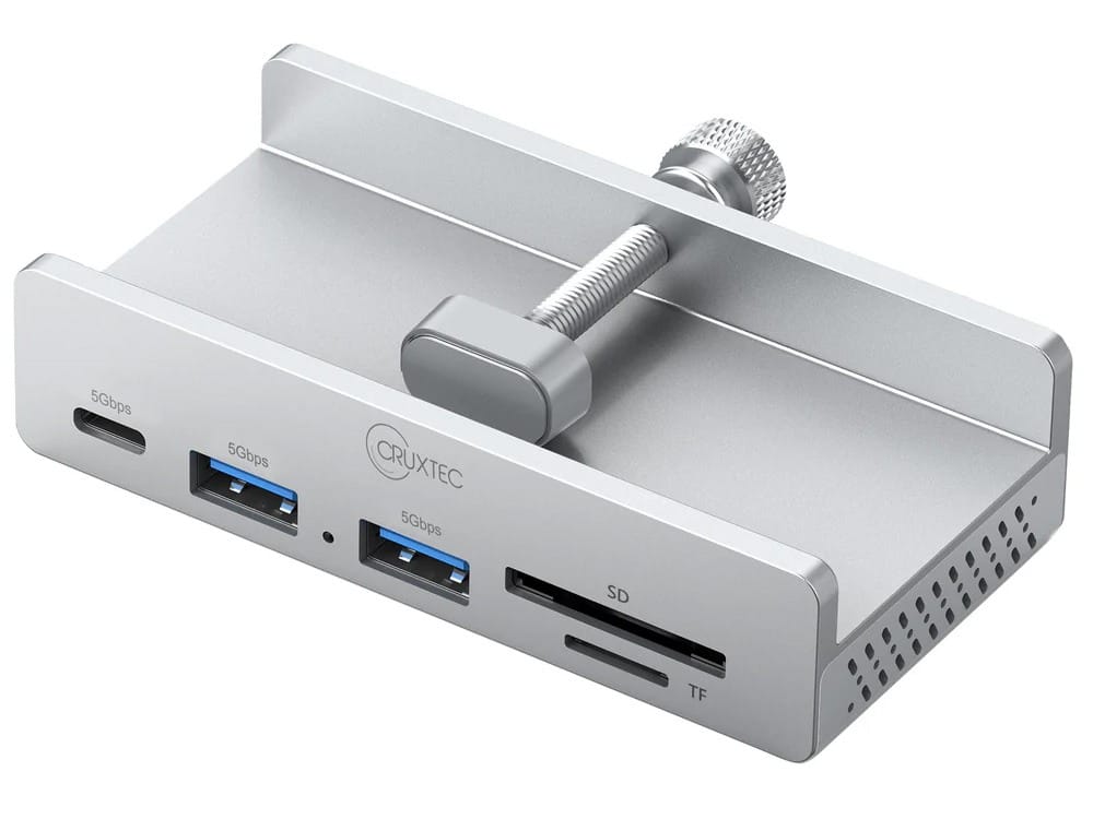 Cruxtec 5-Port Clamp-Mounted USB 3.0 Hub with Type-C Power Port and Card Reader