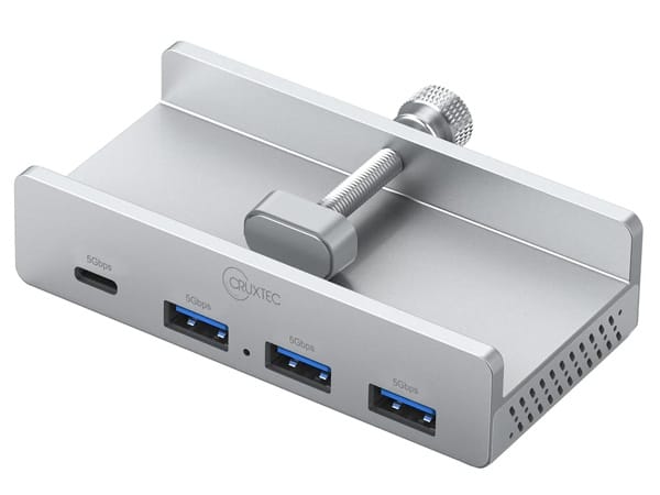 Cruxtec 4-Port Clamp-Mounted USB 3.0 Hub with Type-C Power Port