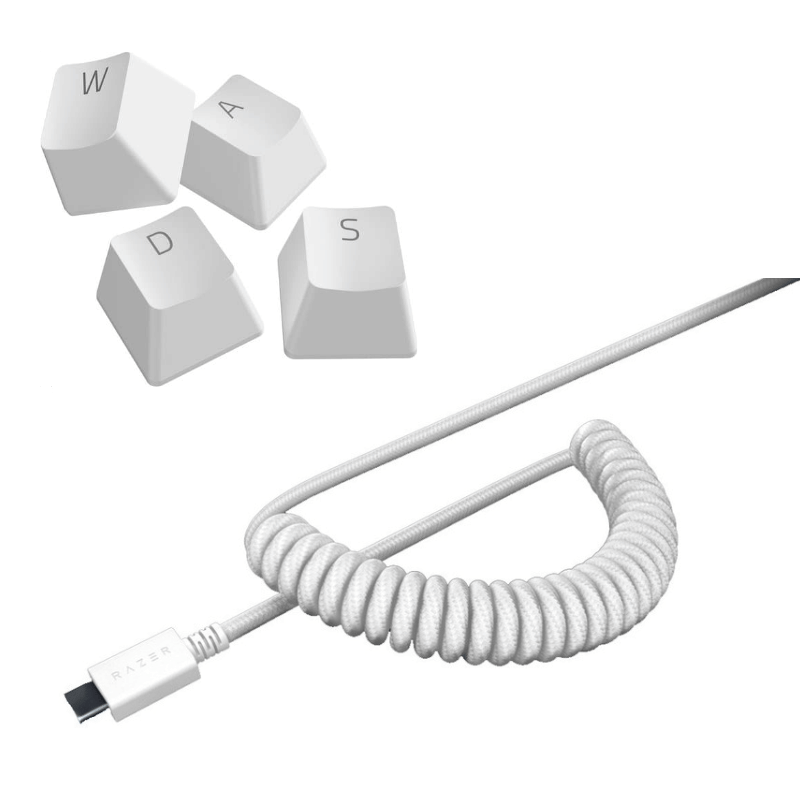 View of Razer PBT Keycap + Coiled Cable Upgrade Set - Mercury White