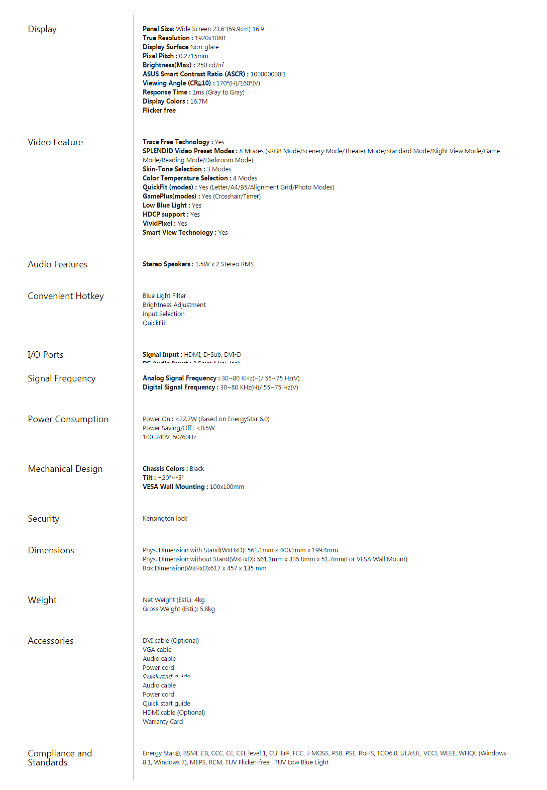 ASUS VP247H (1ms Response) 23.6