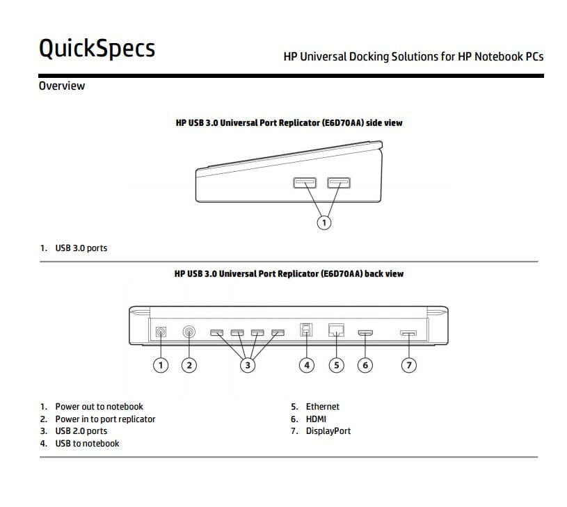 HP Universal Port Replicator USB 3.0 Dual Display - E6D70AA