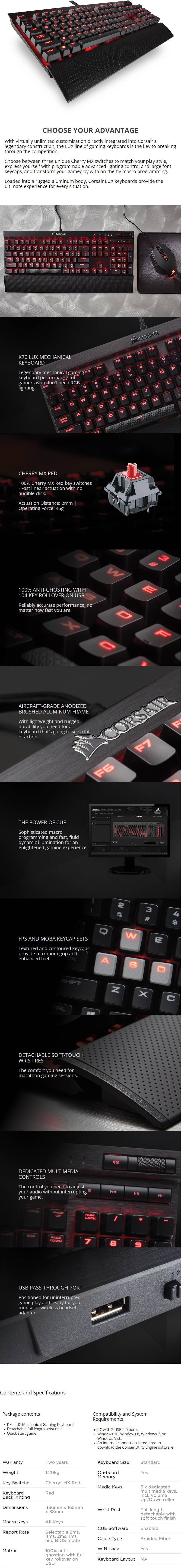 Corsair K70 LUX Red Gaming Keyboard with Cherry MX Red Switches