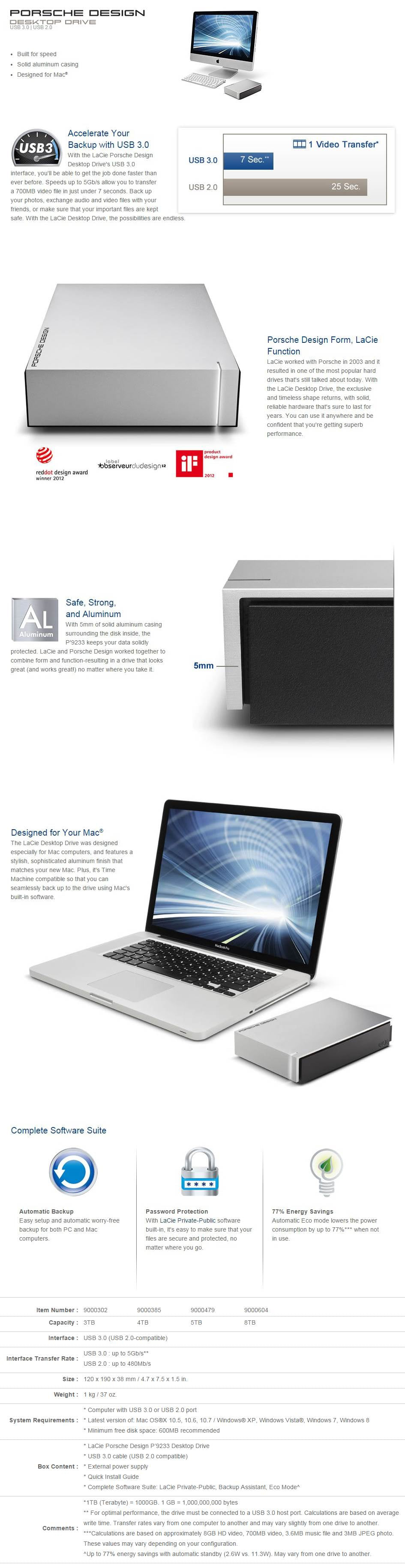 LaCie 4TB Porsche Design Desktop USB3.0 Light Grey
