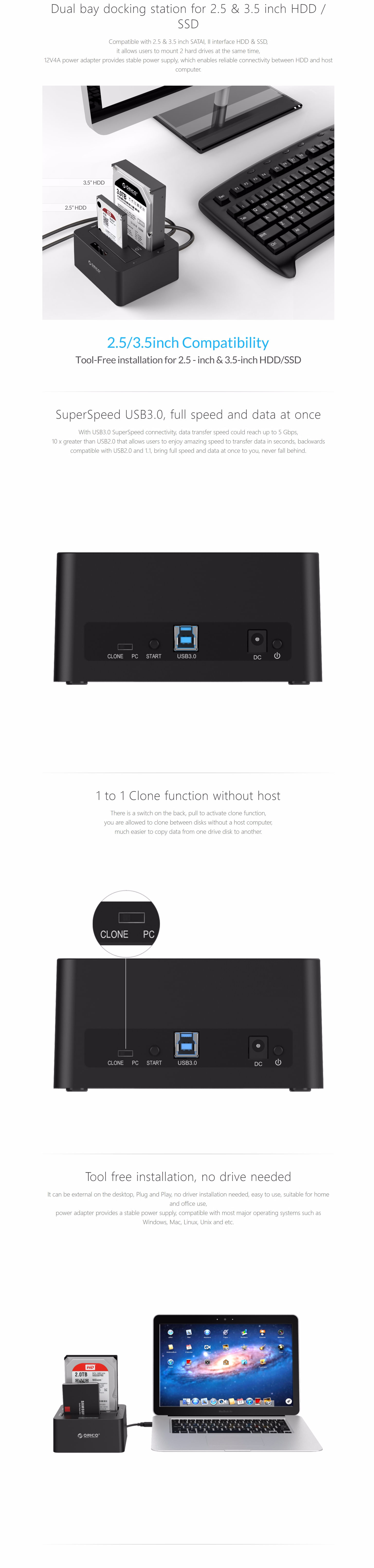 ORICO Dual Bay SATA to USB3.0 External HDD Docking Station with ...