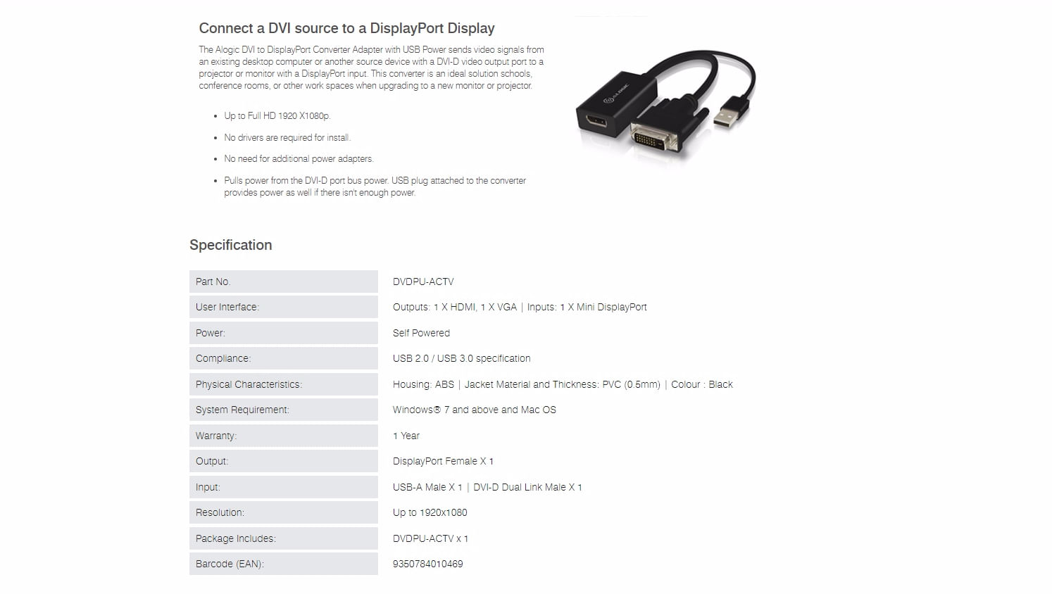 Alogic Elements DVI to DisplayPort Adapter Converter