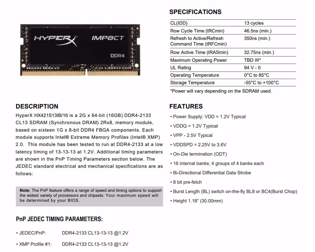 Kingston HyperX Impact 16GB 2133MHz DDR4 SODIMM Memory