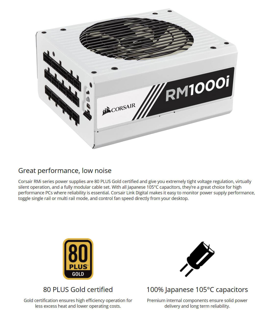 Corsair RM1000i 1000W ATX Power Supply Unit White Edition, OEM