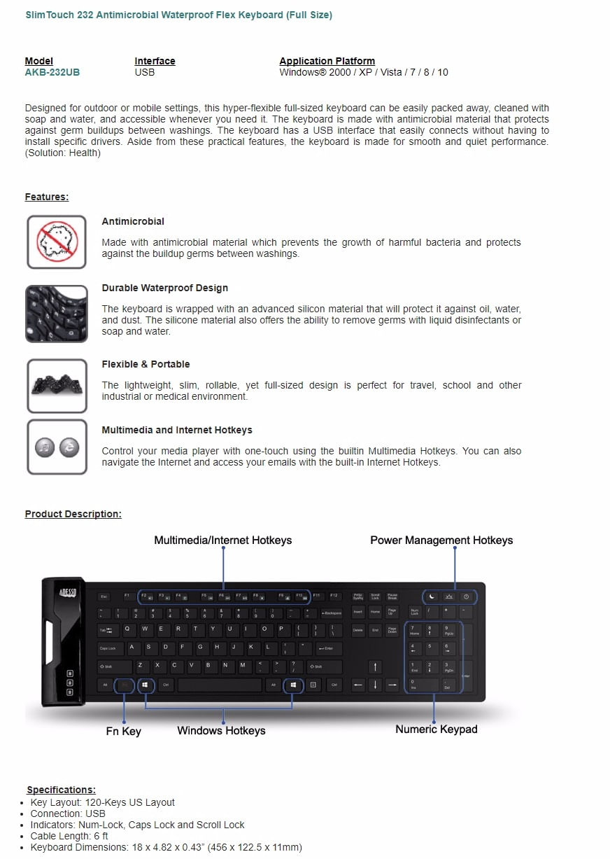 Adesso SlimTouch 232 Antimicrobial Waterproof Flex Keyboard (AKB232UB