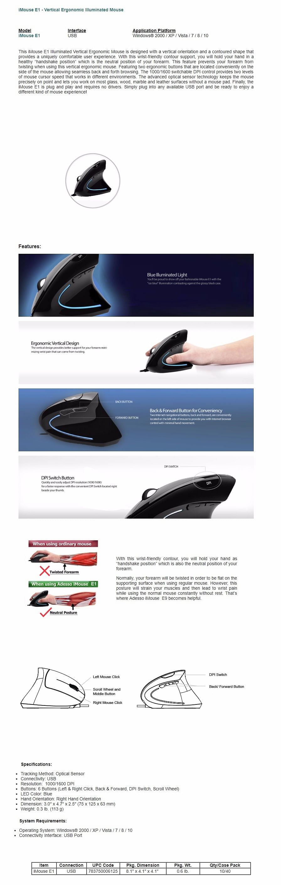 Adesso Vertical Ergonomic Illuminated Mouse (IMouse-E1)