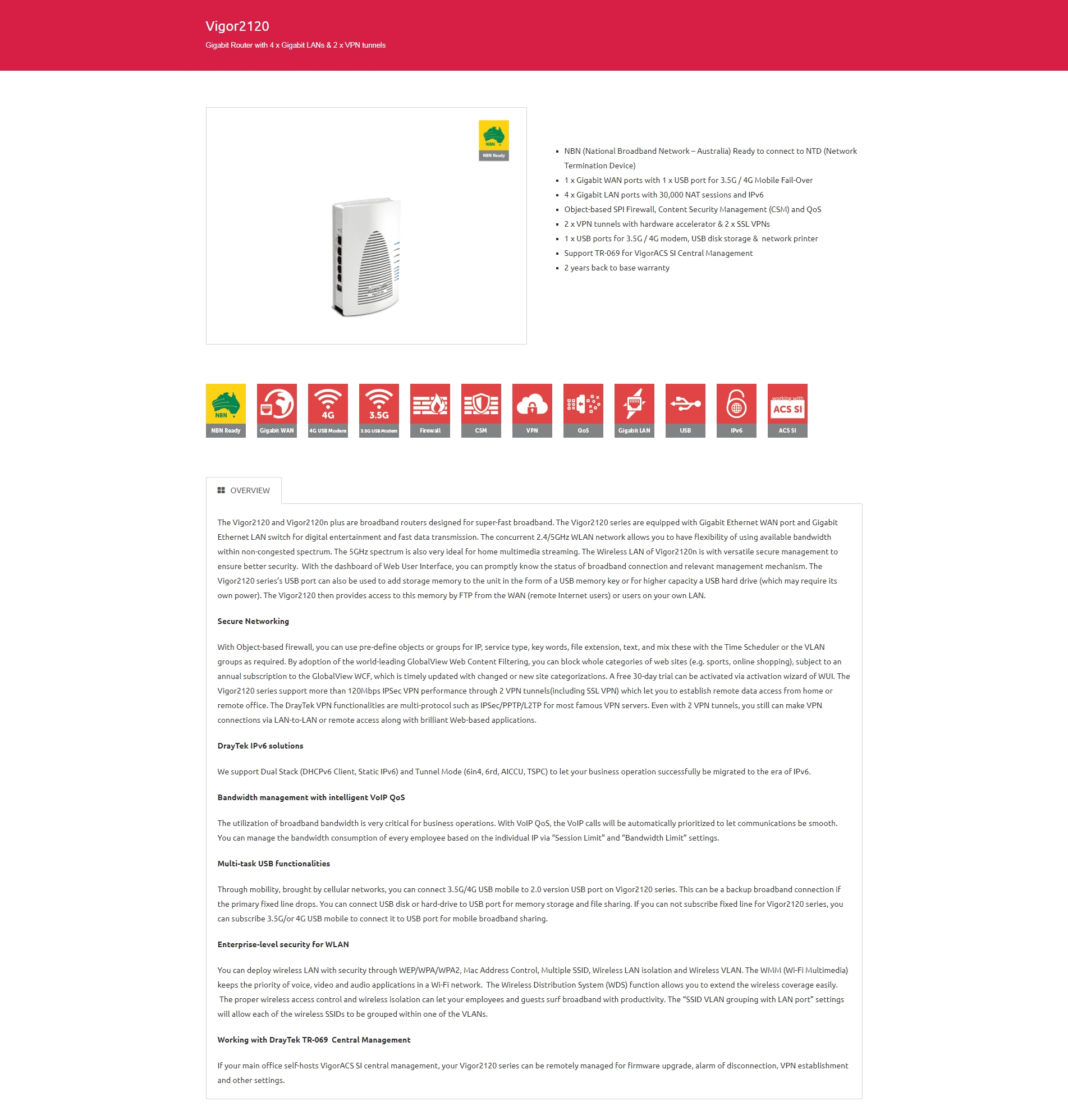 DrayTek Vigor 2120 Broadband Firewall QoS IPv6 Router