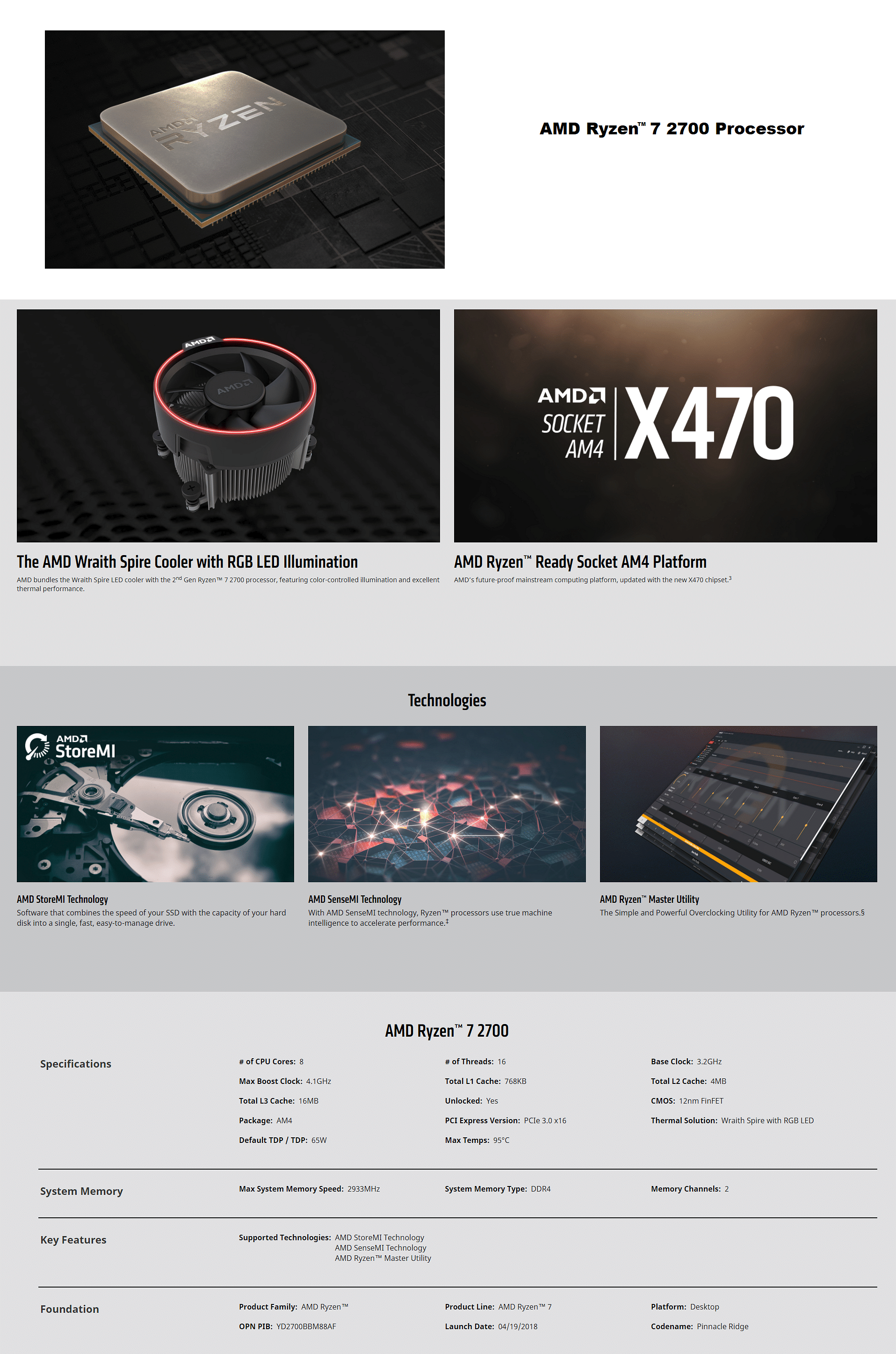 AMD Ryzen 7 2700 Processor, AM4 65W/8-Core/20MB