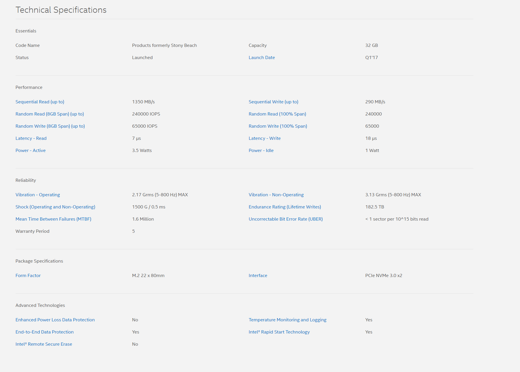 Intel Optane Memory Series 32GB PCIe NVMe M.2 80mm RAM