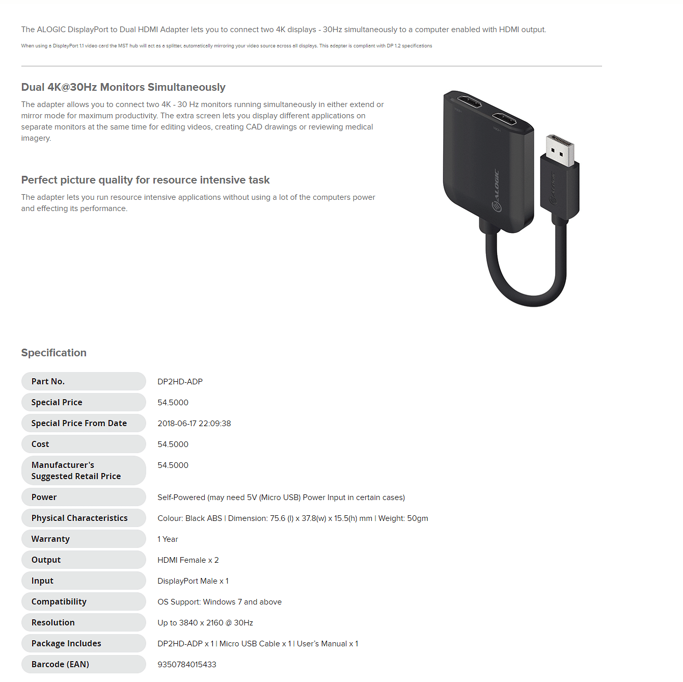 Alogic Displayport To Dual Hdmi Adapter K Hz Black