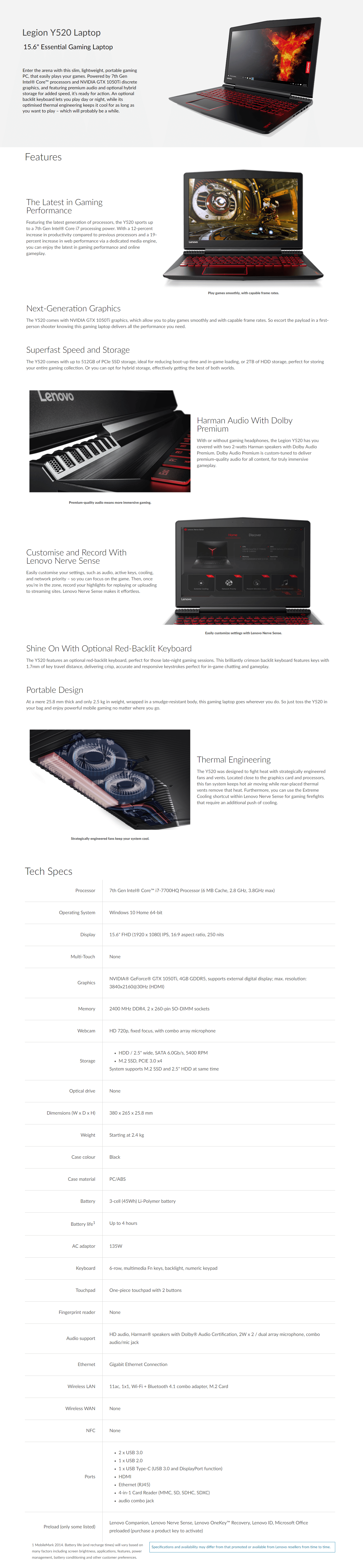 Lenovo Legion Y520 Gaming Laptop i7-7700/ 16GB GTX1050Ti - Main Image