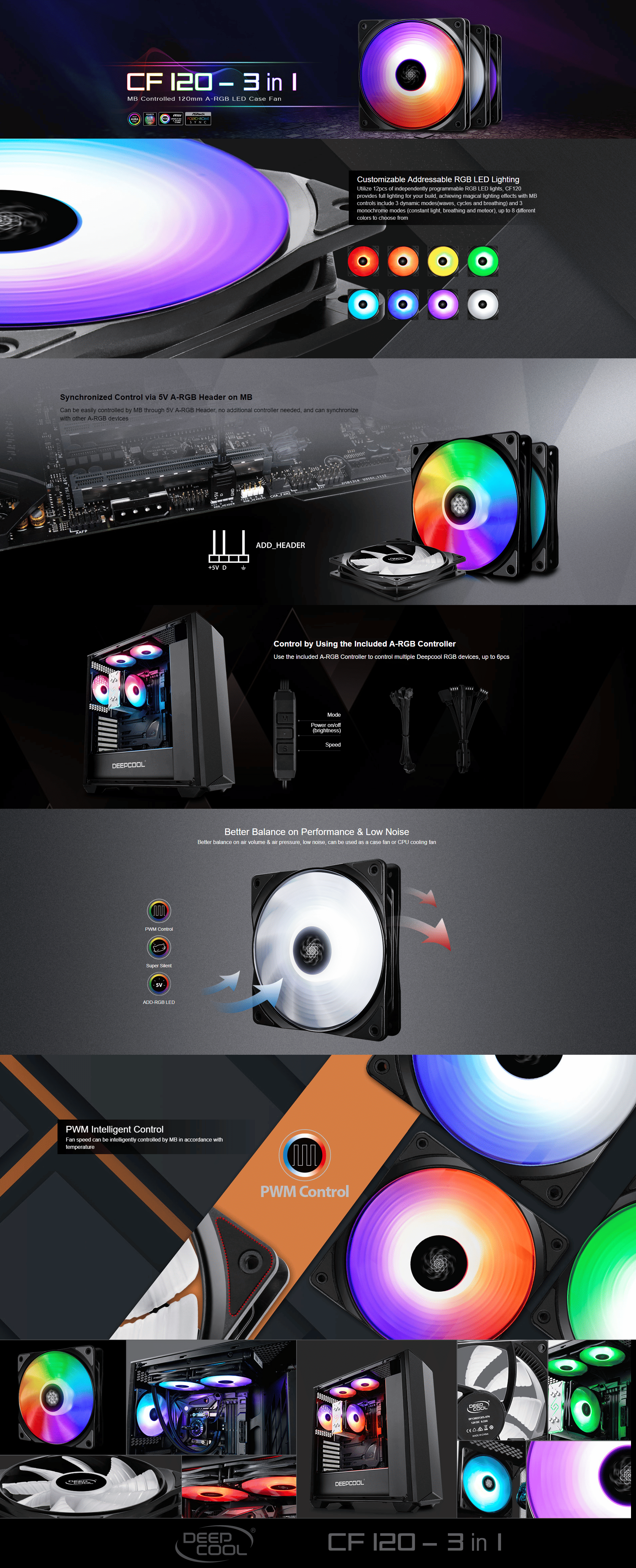 Deepcool Case Led Deepcool CF120 MB Controlled 120mm A-RGB LED Case Fan - 3 in 1
