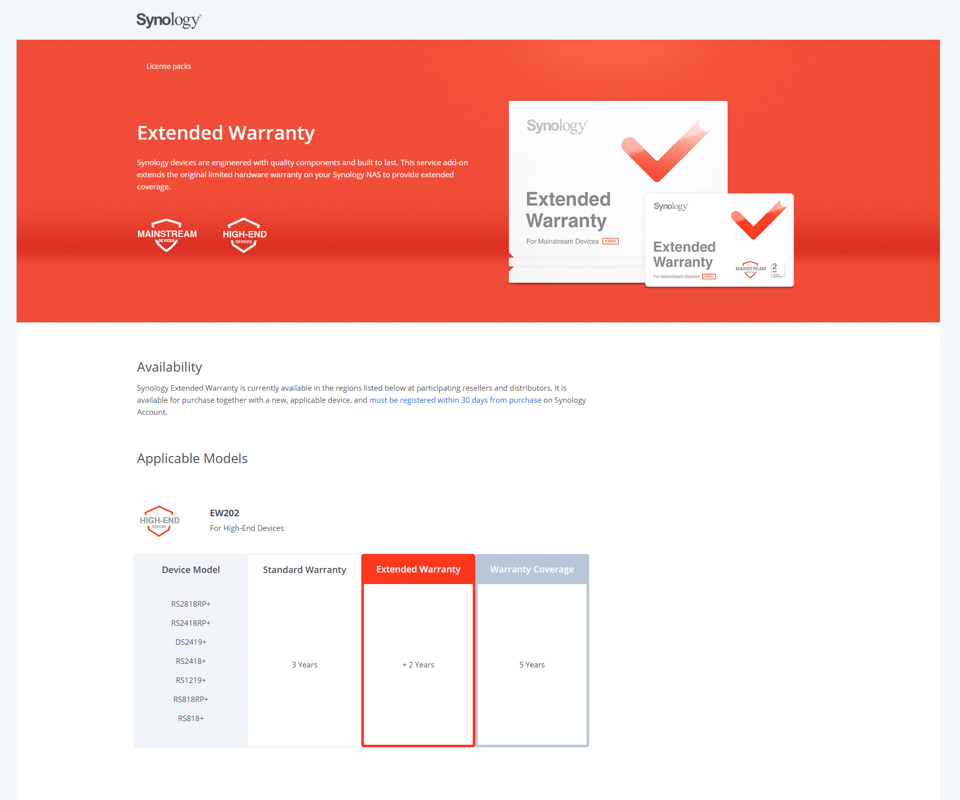 Synology Extended Warranty 2 YR HighEnd Devices