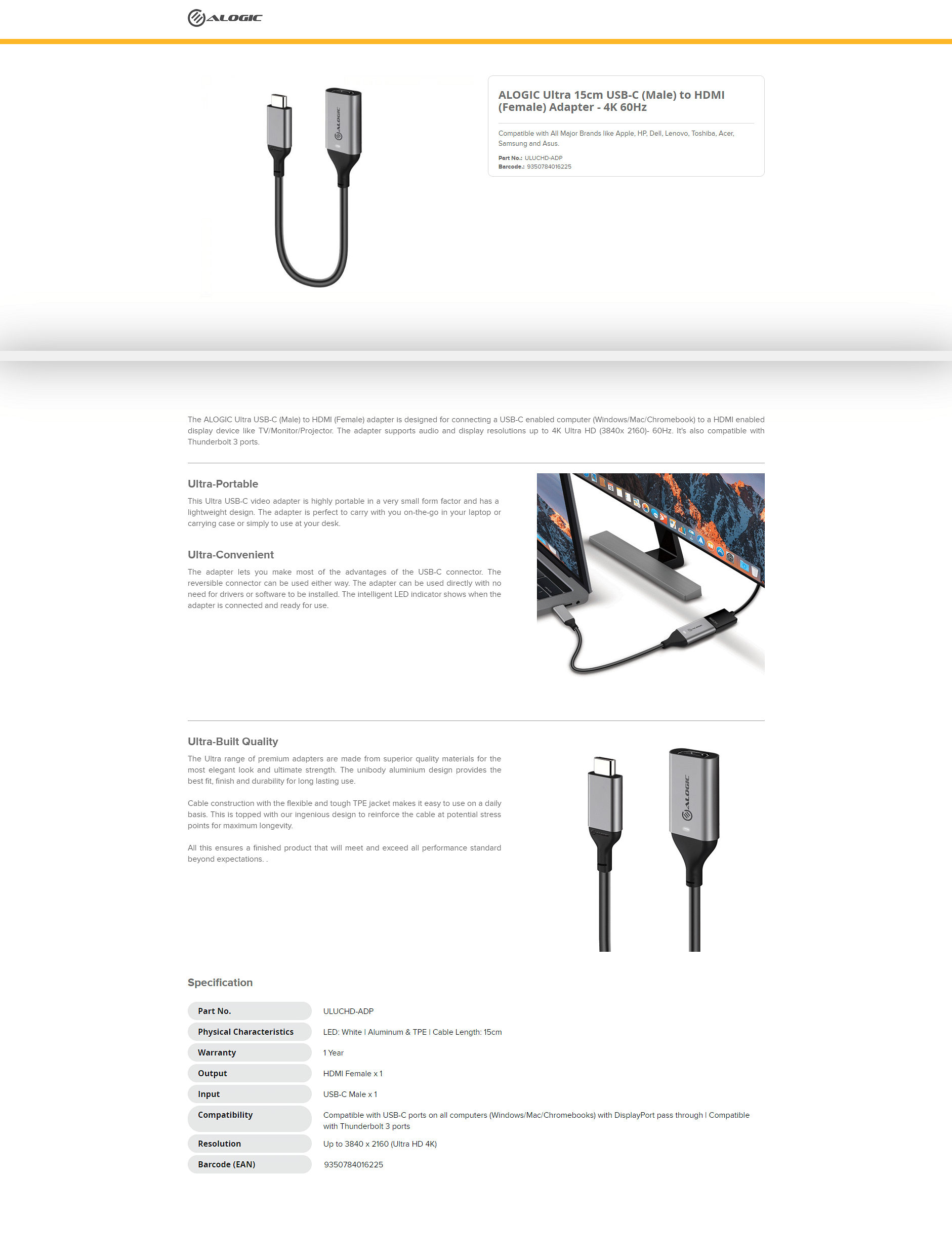 Alogic Ultra 15cm USB-C to HDMI Adapter