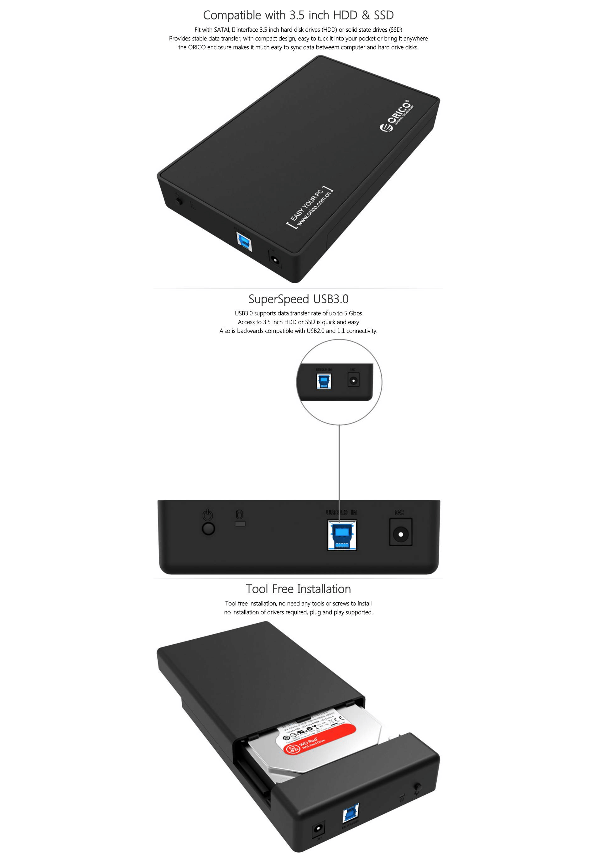 Orico USB to SATA External Hard Drive Enclosure Black