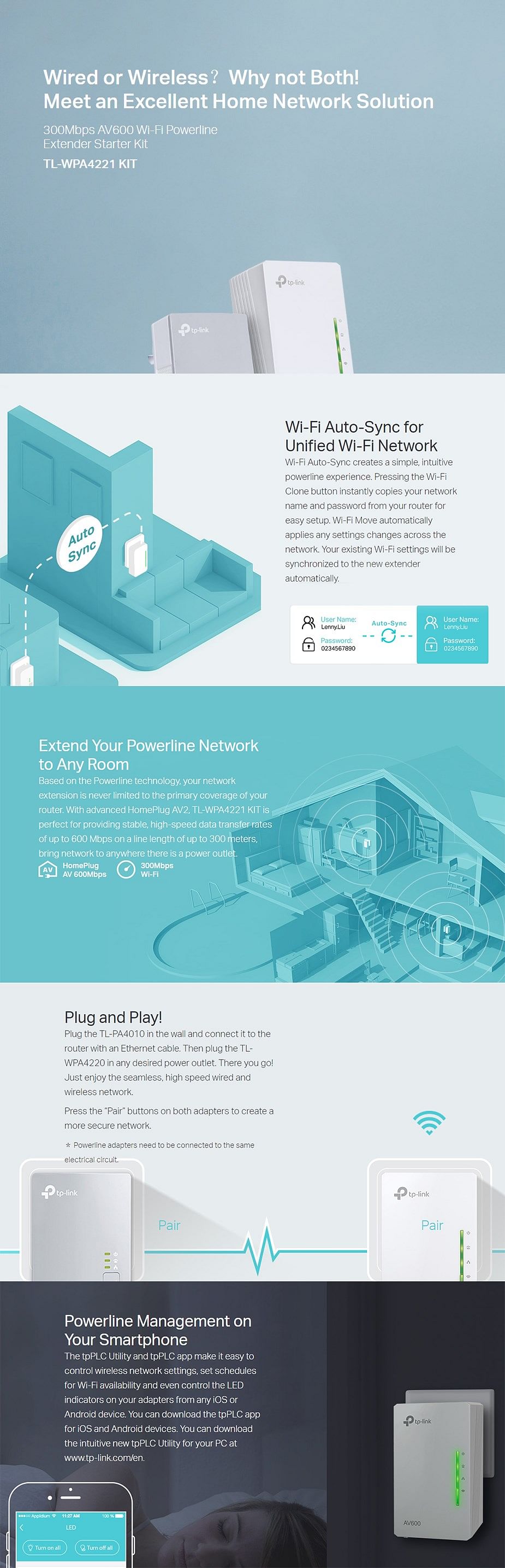 TP-Link TL-WPA4221 KIT 300Mbps AV600 Wi-Fi Powerline Extender Starter Kit