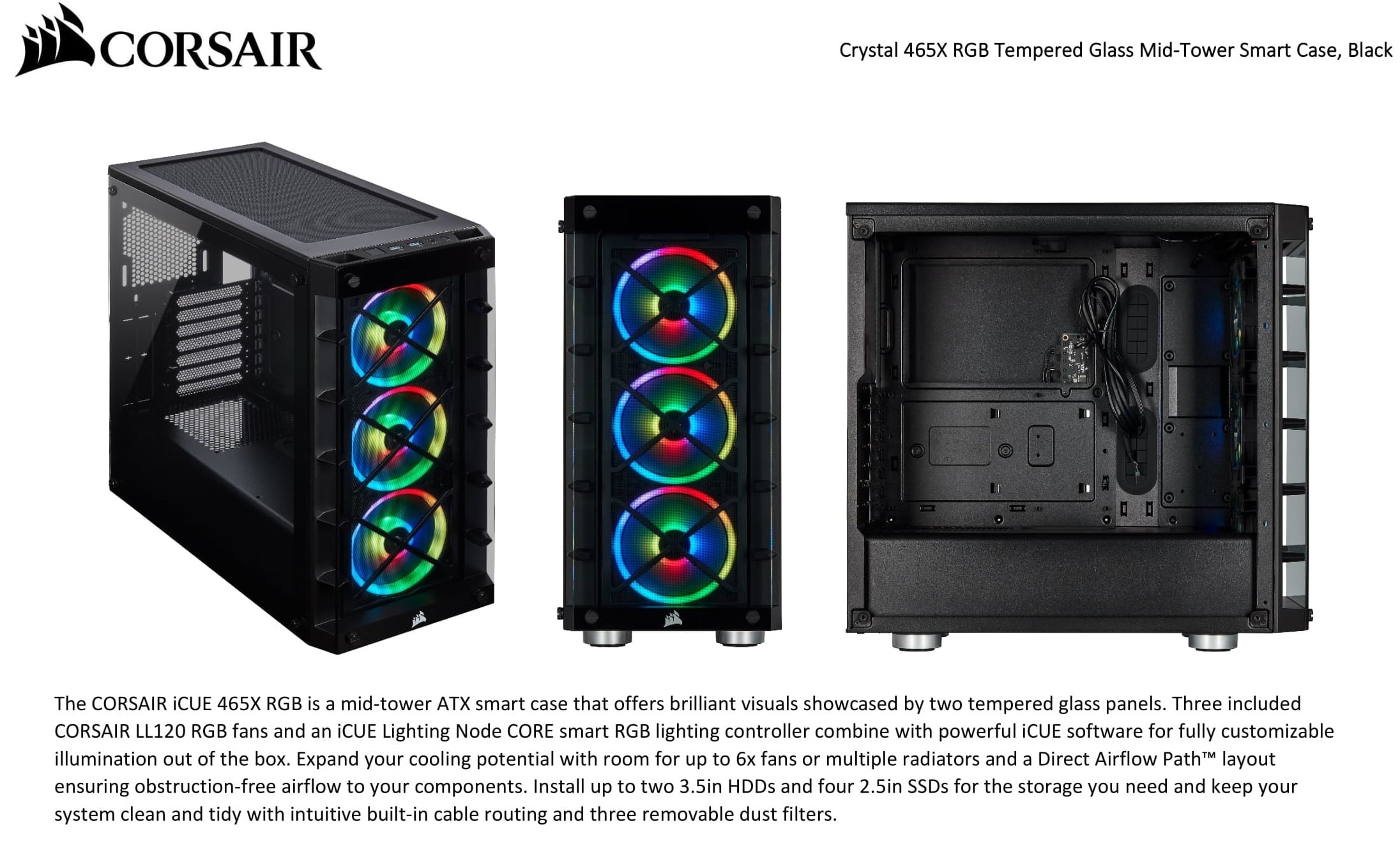 Corsair iCUE 465X RGB Mid-Tower ATX Smart Case - Black | CC-9011175-WW ...