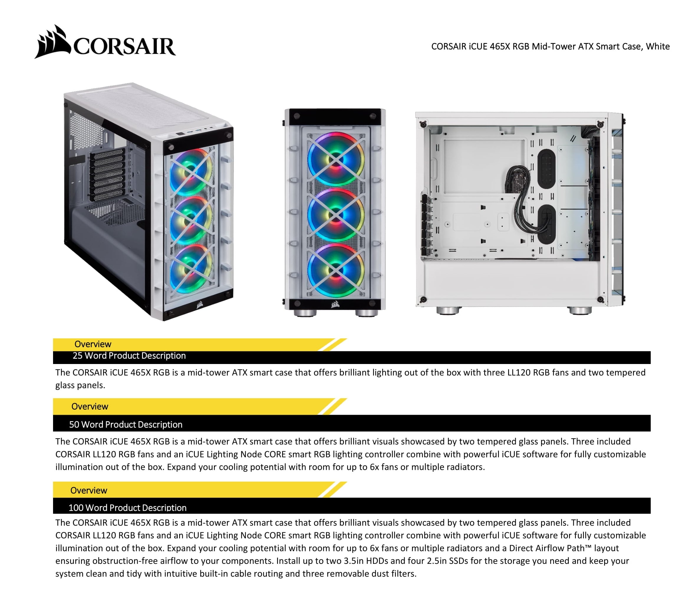 Corsair iCUE 465X RGB Mid-Tower ATX Smart Case - White