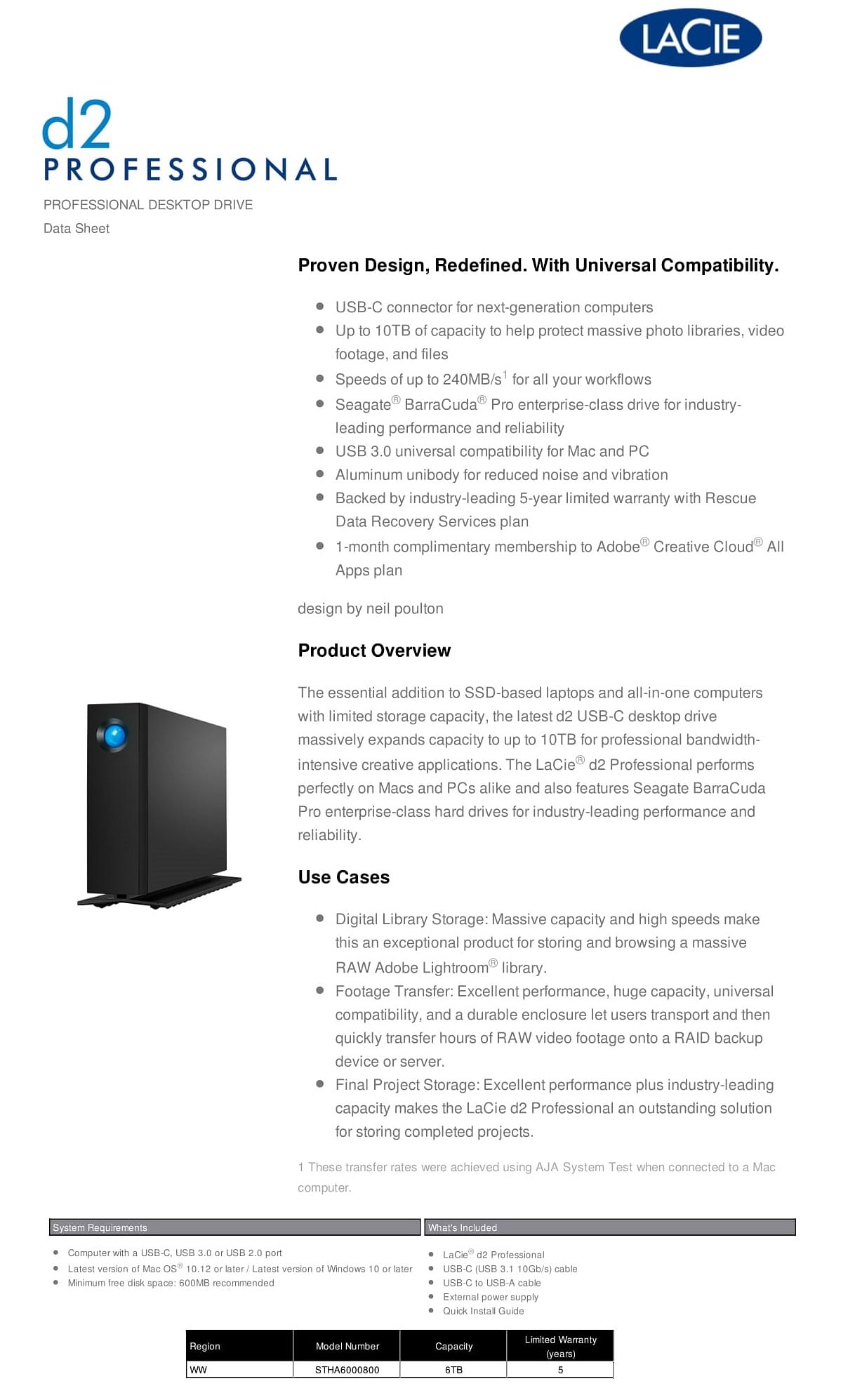LaCie d2 Professional 6TB 7200RPM USBC 3.5" Desktop Hard Drive