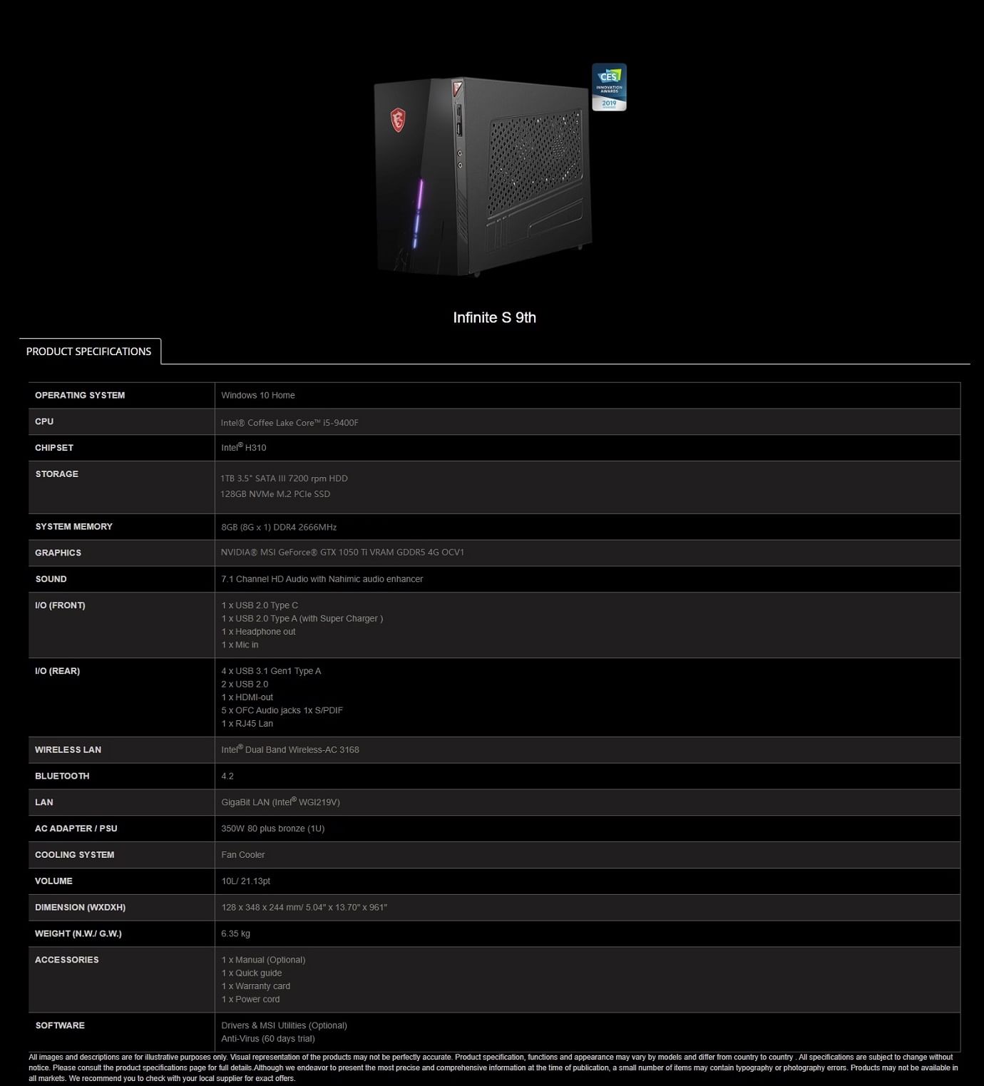 MSI Infinite S Gaming Desktop PC, i5-9400F, 8GB RAM, 128GB SSD