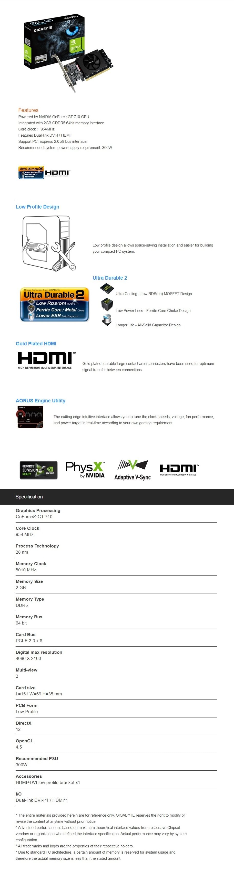 Manufacturer Refurbished Gigabyte GeForce GT 710 2G Graphics Card Only